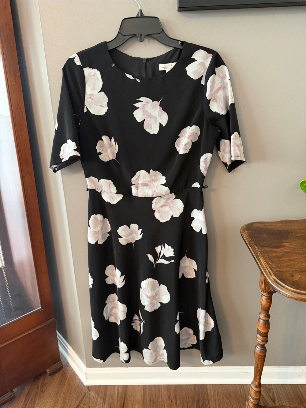 Papaya Weekend Floral Fit-and-Flare Dress in Black with Pink Flowers. Size 12